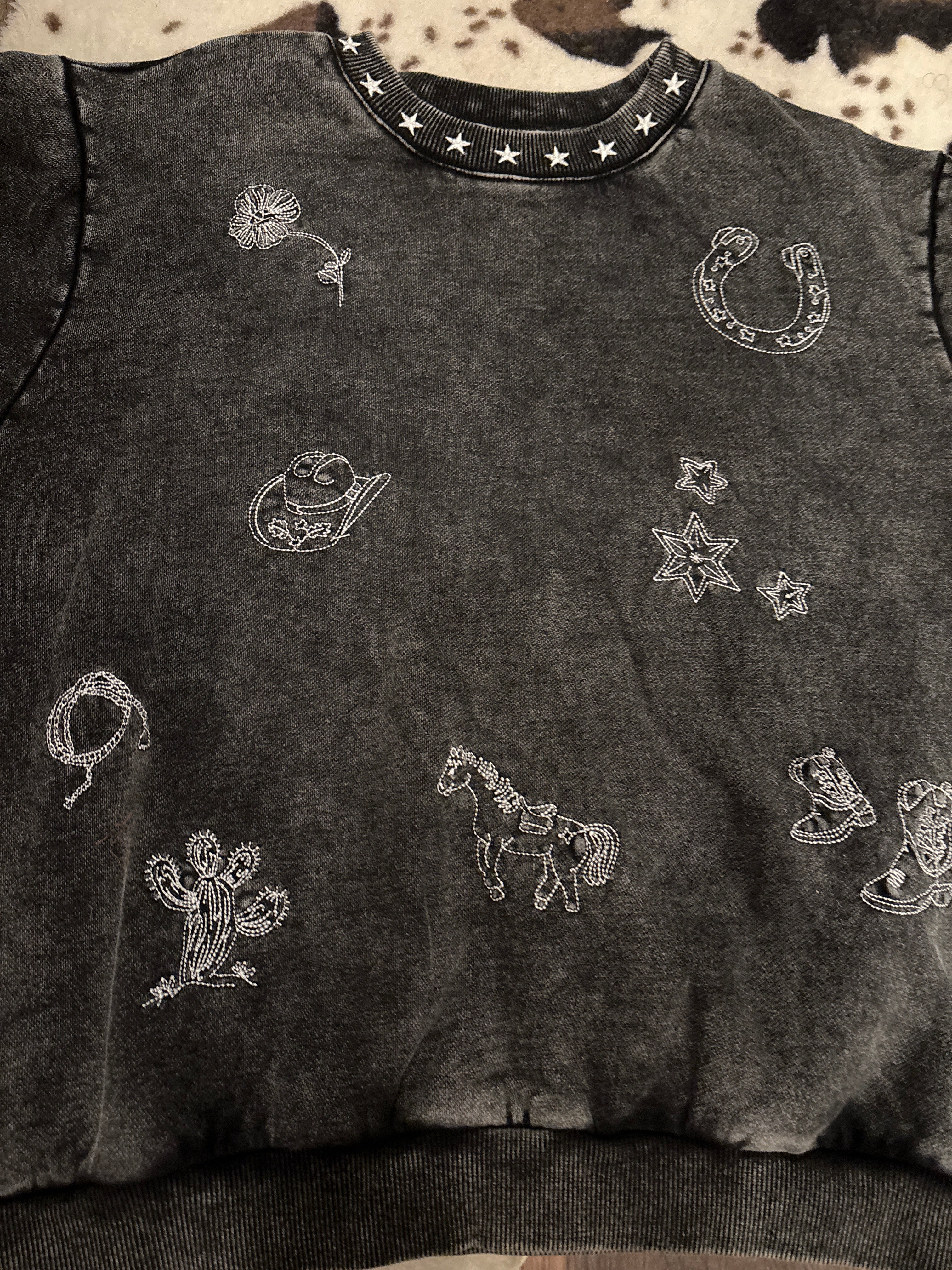 Mineral Washed Embroidered Cowboy Crewneck