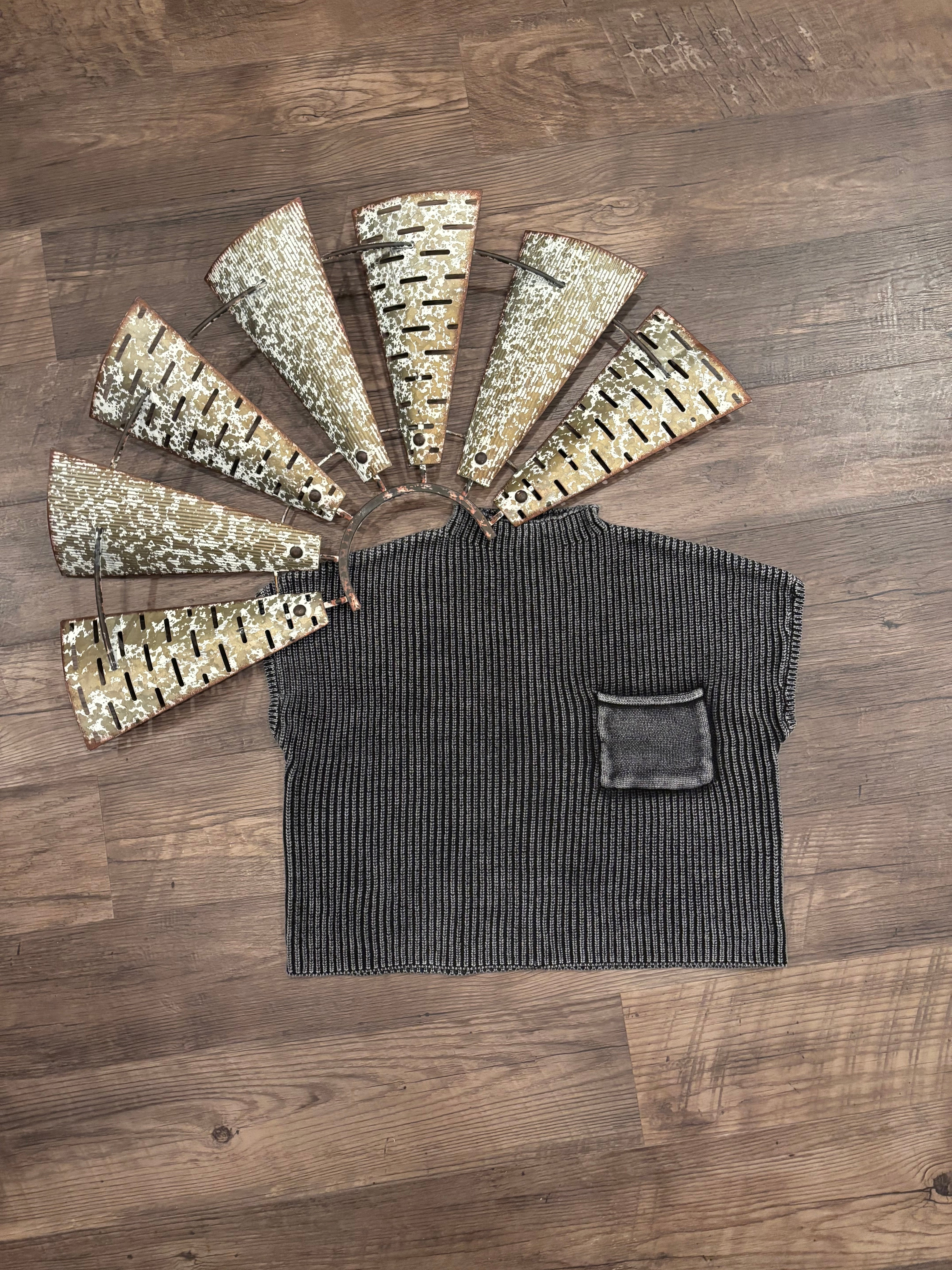 Washed Mock Neck Short Sleeve Sweater - Washed Black