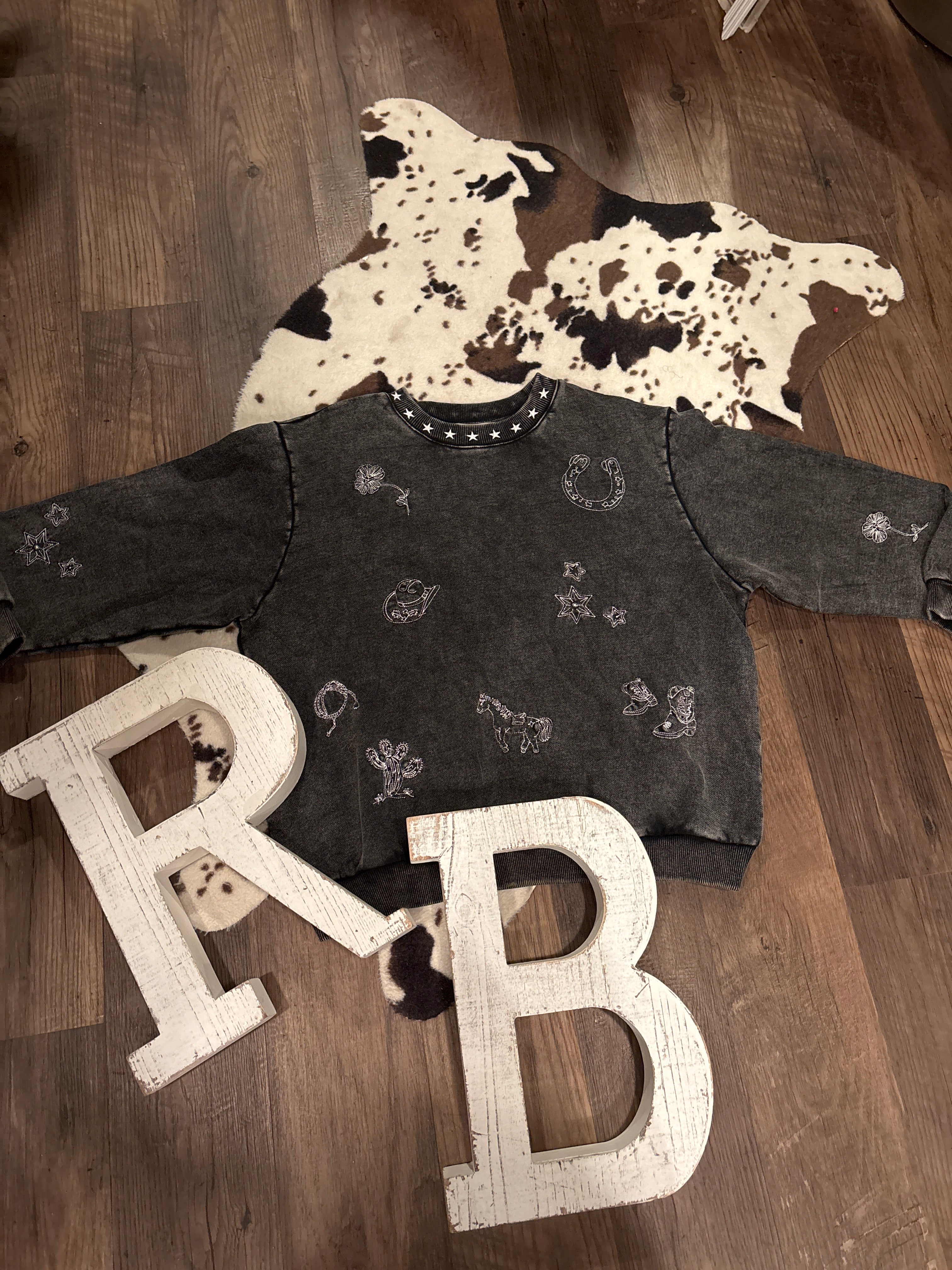 Mineral Washed Embroidered Cowboy Crewneck