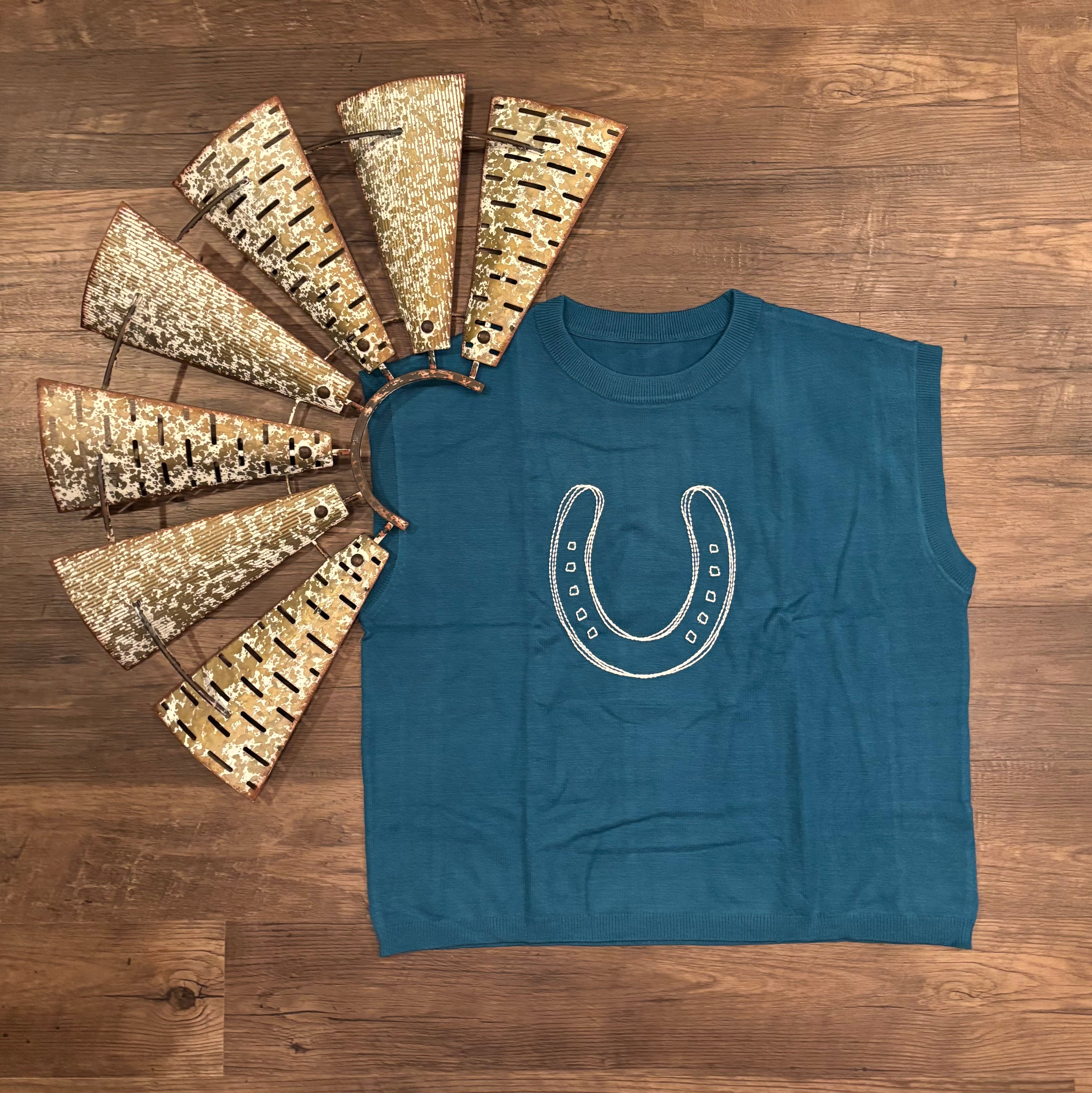 Horseshoe Embroidered Short Sleeve Sweater