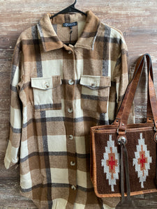 Tan Plaid Mid Length Shacket