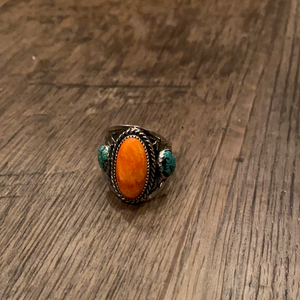 3 Stone Turquoise & Coral Ring (size 10)